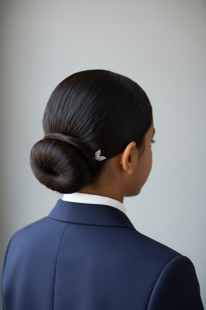 Sleek low bun hairstyle for kids, a neat back to school style for straight or textured hair