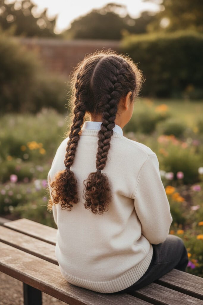 Two Dutch braids protective hairstyle for kids with thick, curly South Asian hair