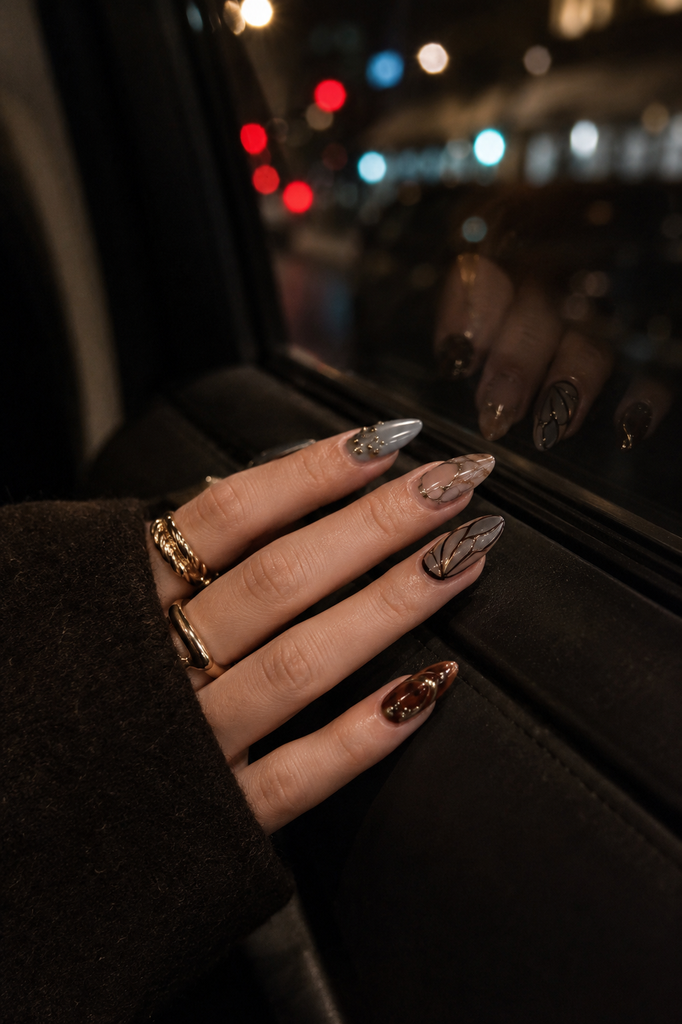 Gold line rhinestone nude press on nails winter manicure