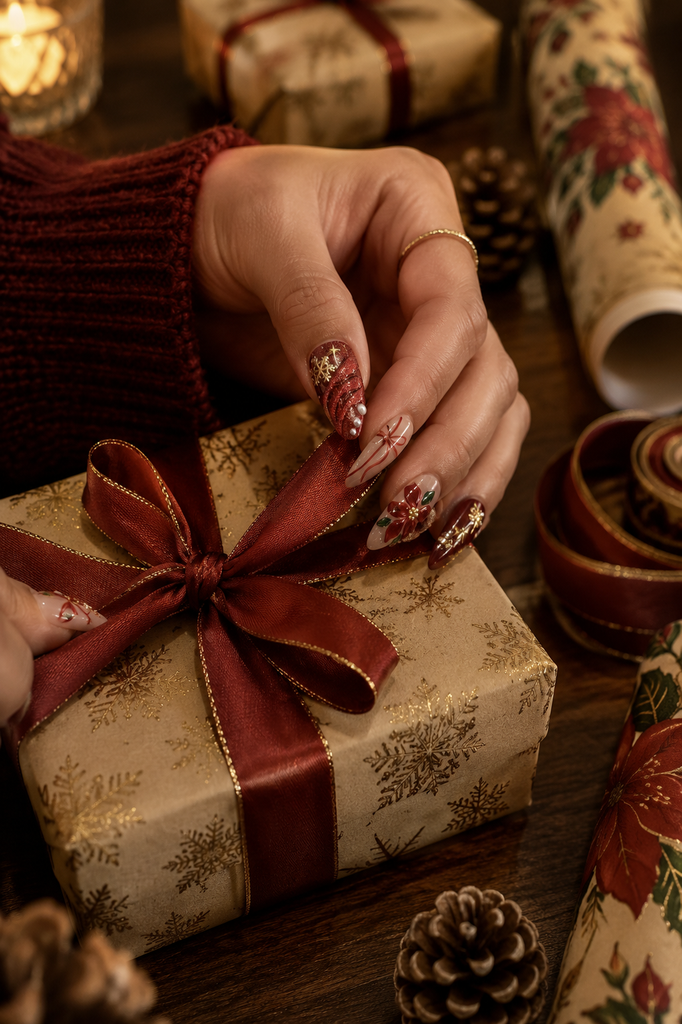 Red gold snowflake star Christmas press on nails