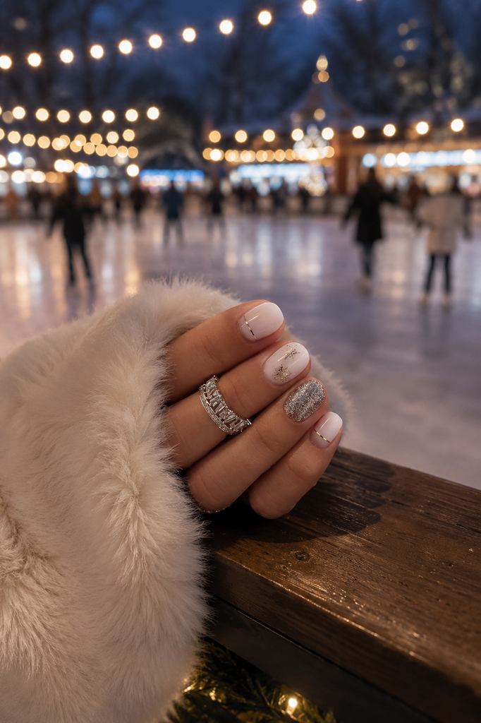White glitter snowflake square press on nails