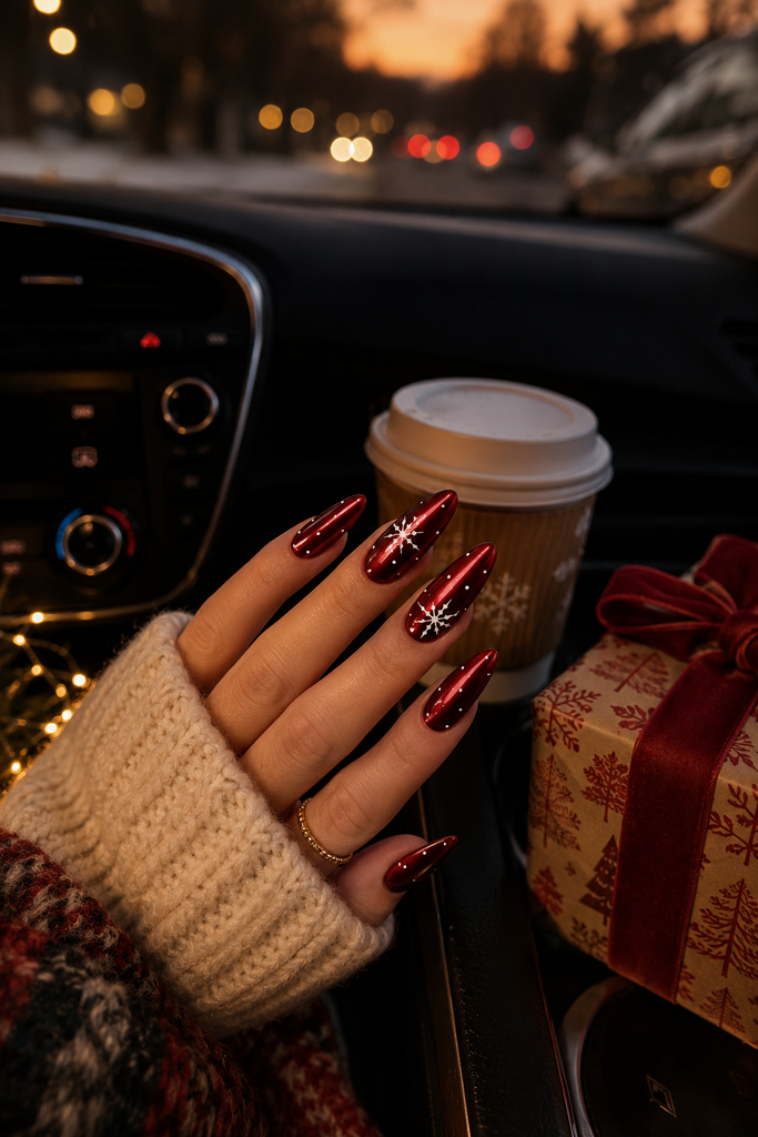 Burgundy pink gradient chrome press on nails