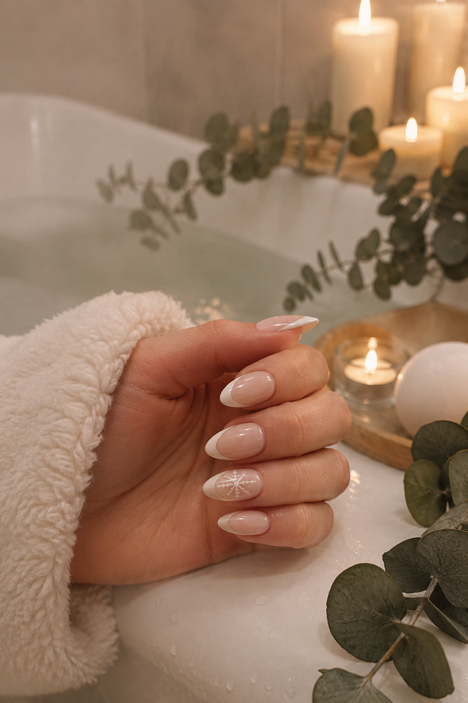 Winter glaze glossy French tip snowflake press on nails