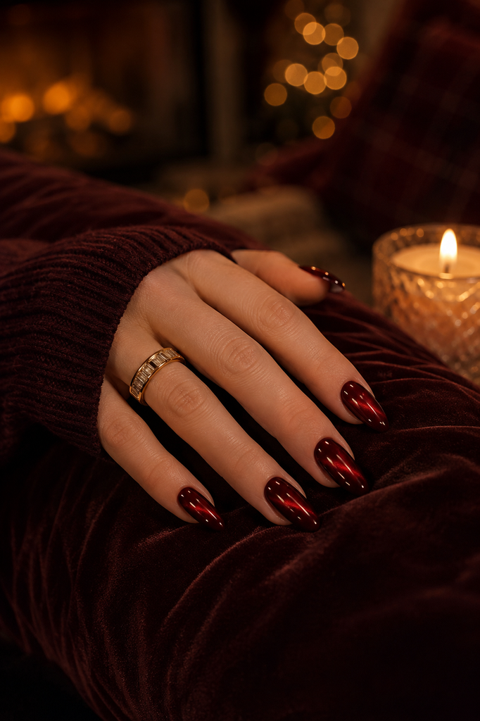Dark red cat eye glitter press on nails winter manicure