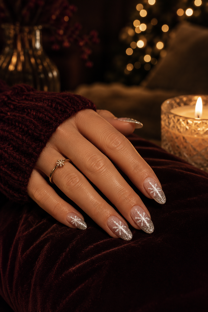 White snowflake almond press on nails with storage box